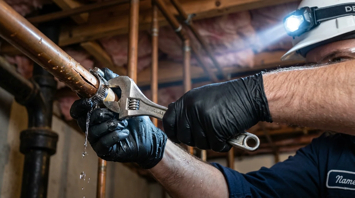 Emergency pipe clamp repair being performed by a Johns Plumbing LLC plumber in Prairieville