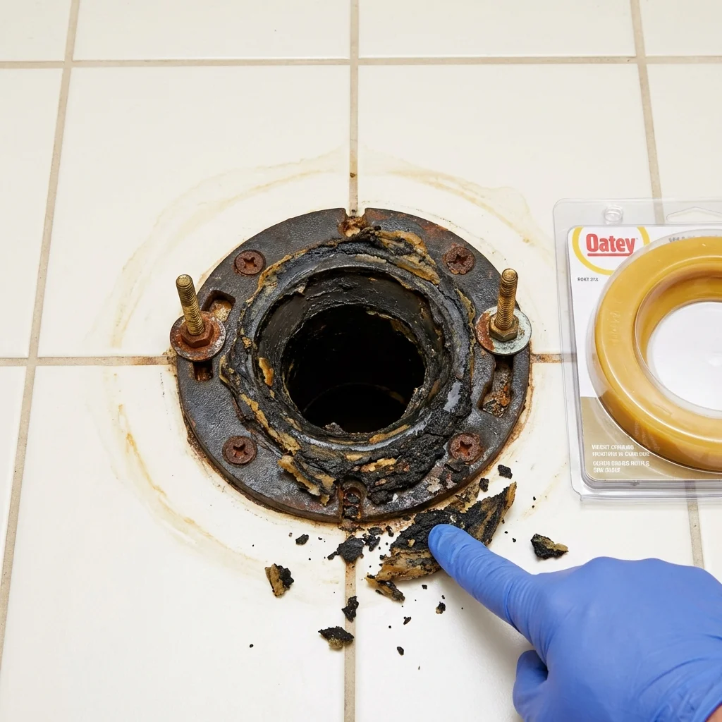 Failed wax ring showing water seepage at the base of a toilet in a Prairieville, LA home