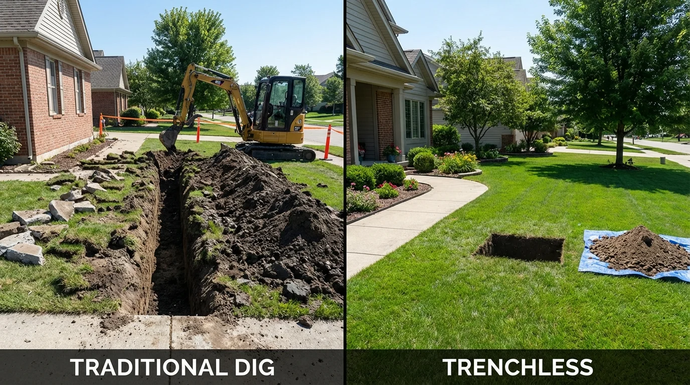 Trenchless sewer repair with minimal yard damage versus traditional excavation in Prairieville, LA