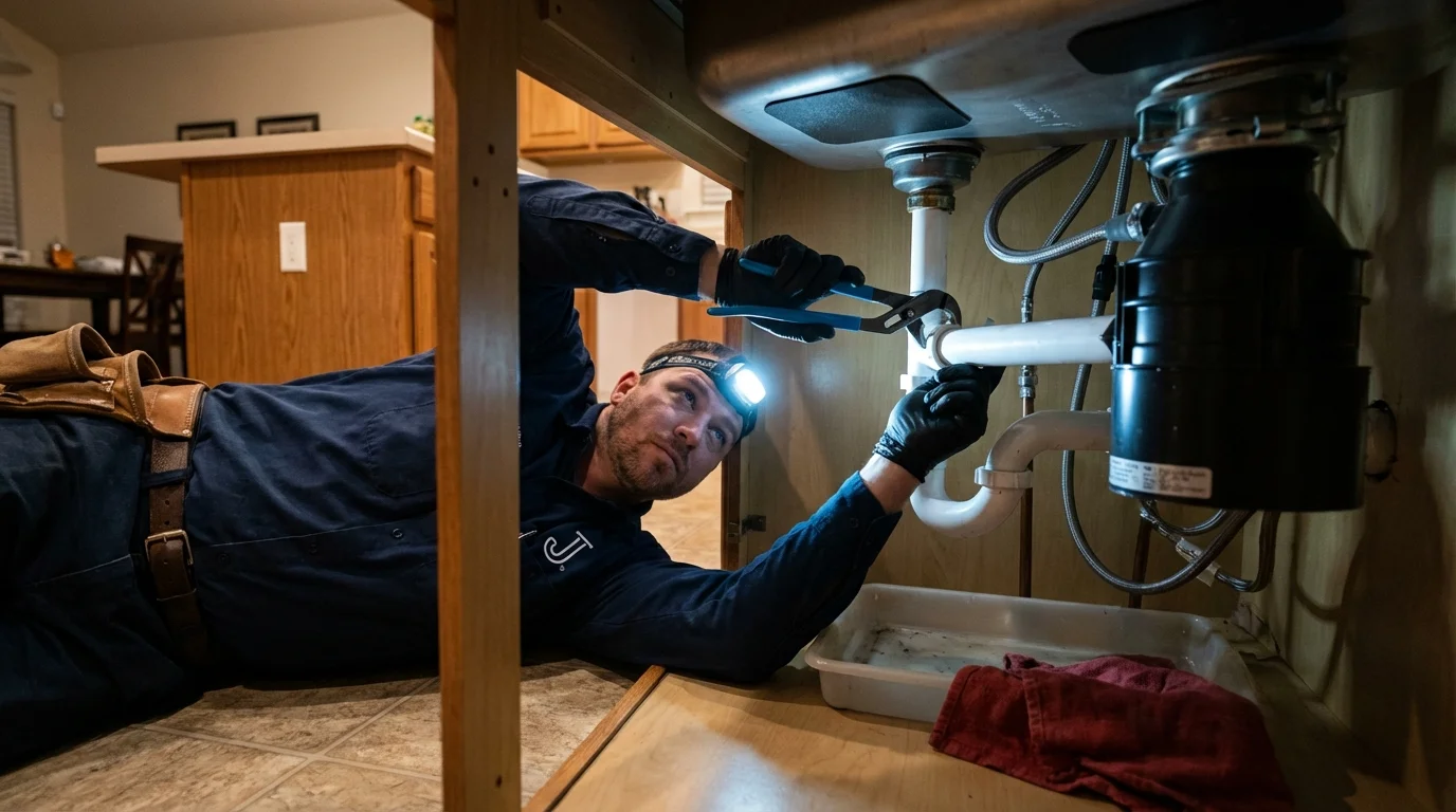 P-trap and supply line connections under a kitchen sink showing a common leak point in Prairieville, LA